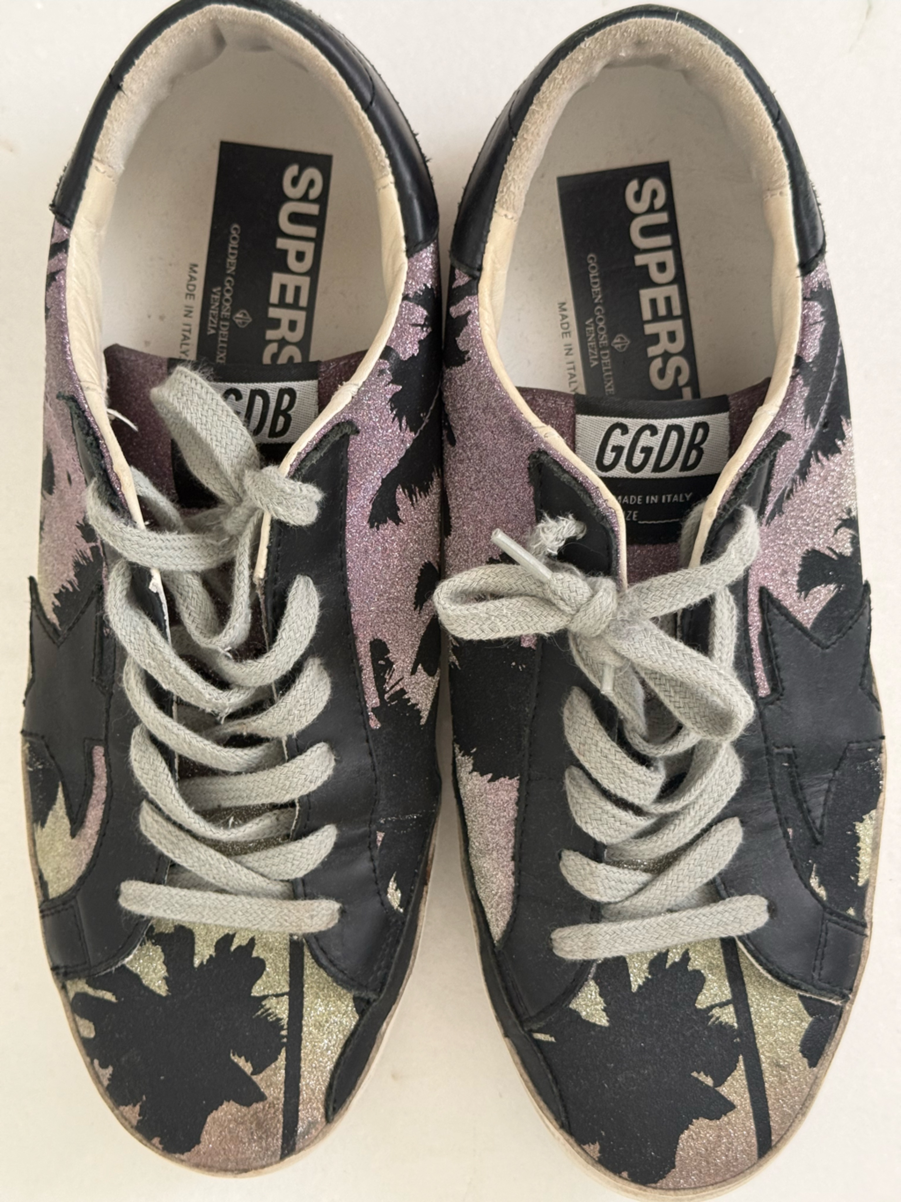 Golden Goose Black Sneakers With Pink And Gold Palm Print 39 Great Shape